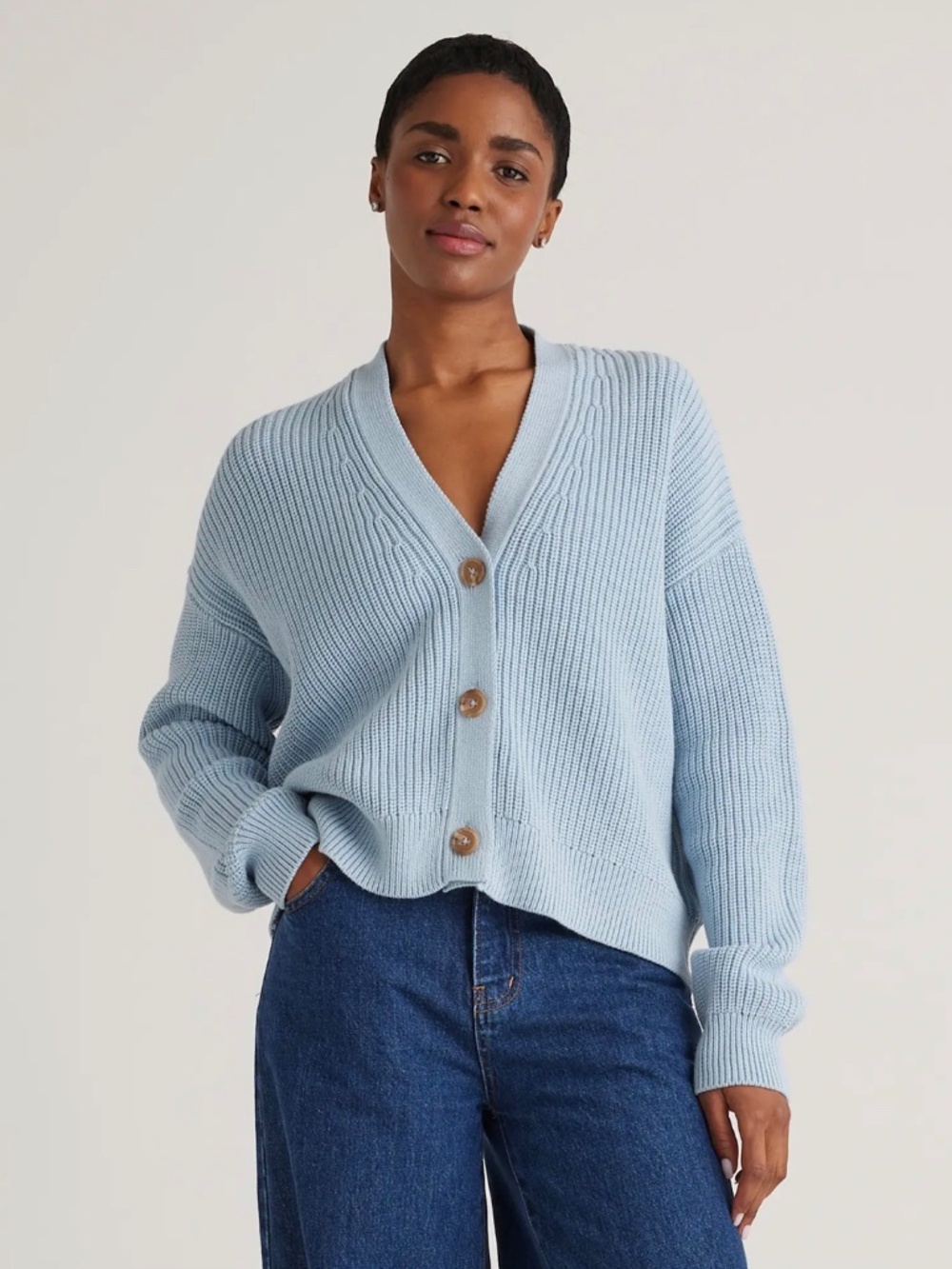 LIKE NEW XS Quince Cotton Fisherman Cropped Cardigan Sky Blue